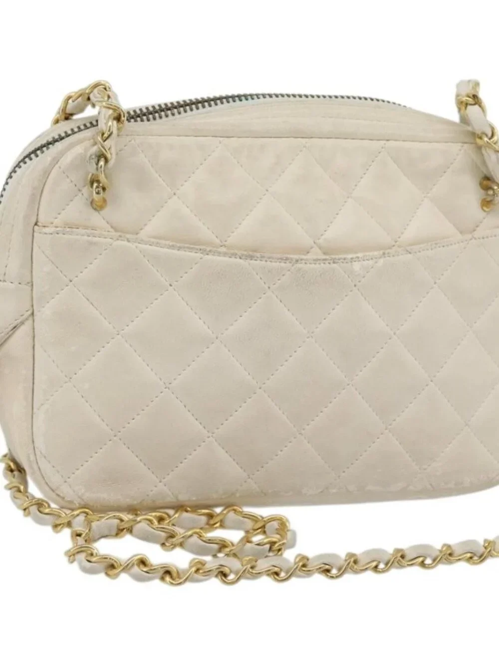 CHANEL Matelasse Chain Shoulder Bag Lamb Skin White Gold CC Auth bs28144